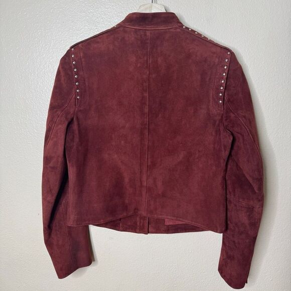 Theory Jacket Women's Large Burgundy Suede Leather Moto Studded Full Zip Pockets - Picture 2 of 12